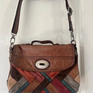 Fossil multicolor leather patchwork crossbody flap satchel purse